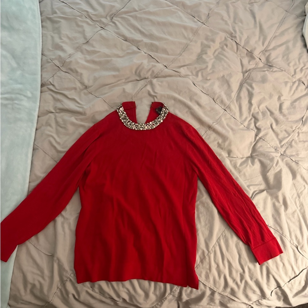 Red Ann Taylor long sleeve top with Embellished Collar